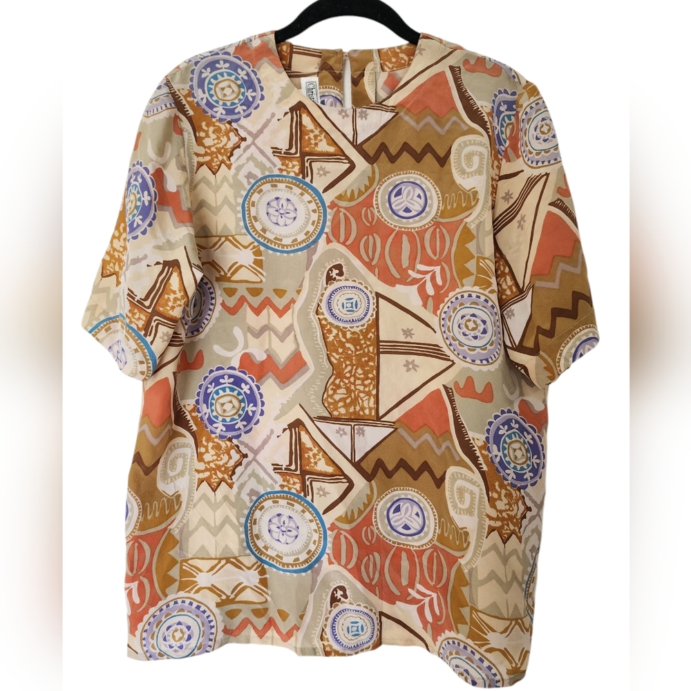 CHRISTIE & JILL vintage silk blouse, short sleeve, abstract art, boho, size S